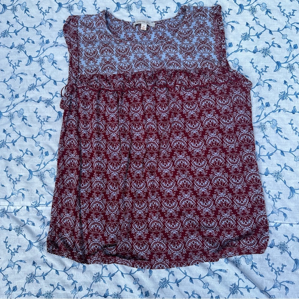 Skies Are Blue Burgundy and Blue Floral Blouse